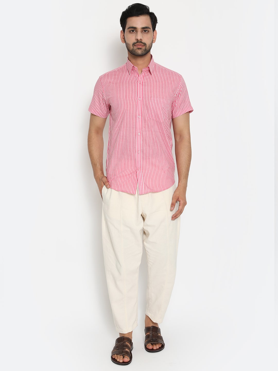 Pink Short Sleeve Cotton Hand Block Printed Men’s Shirt